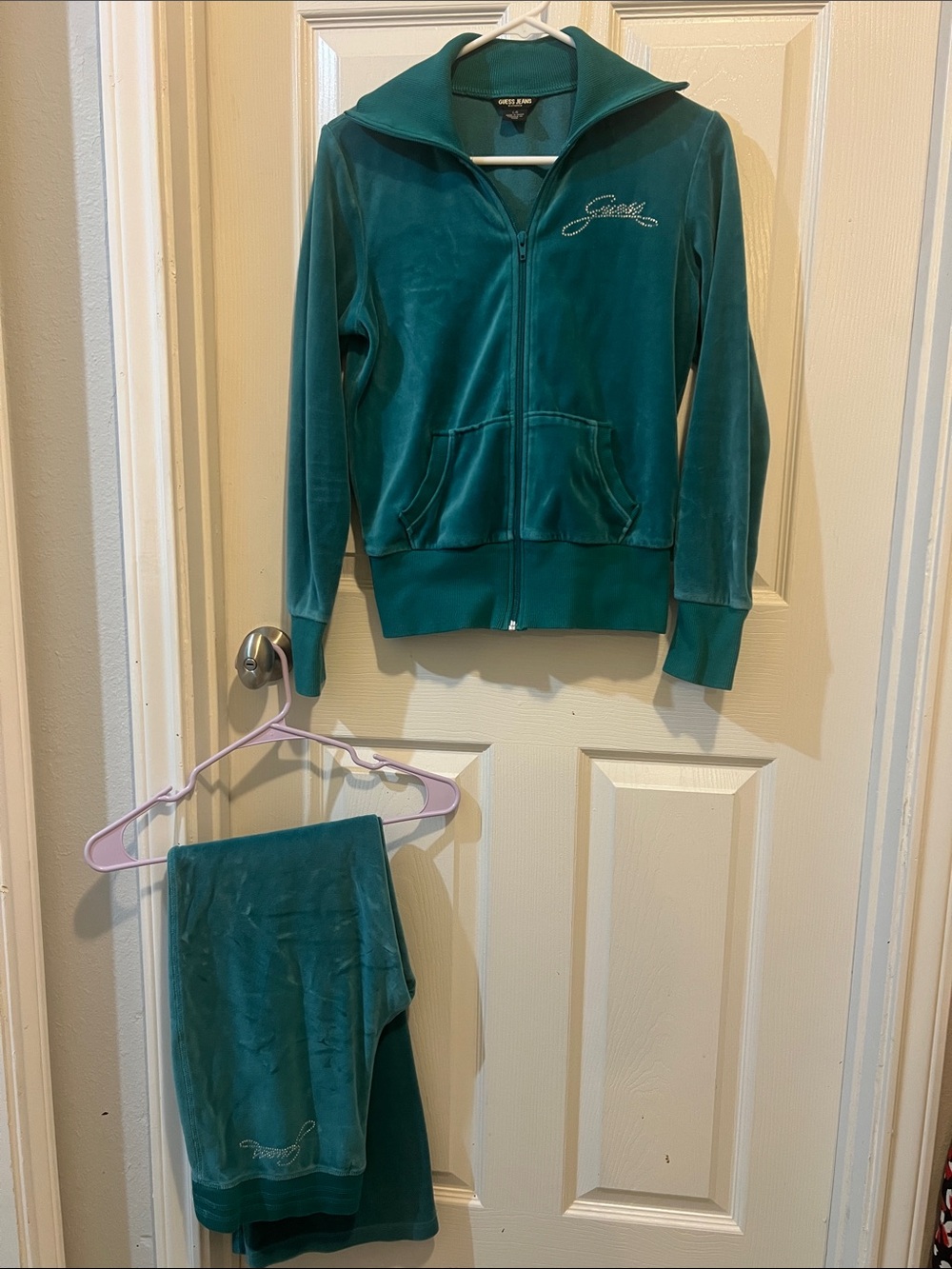 Guess Green Velour Zip-Up Tracksuit Set
